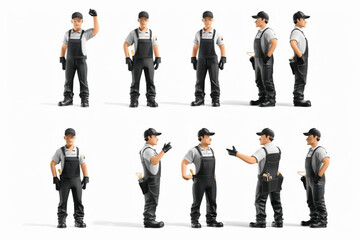 Handyman character set. Worker in different postures or actions. Repairman or builder. A man in overalls in a cap or helmet 3D avatars set vector icon, white background, black colour icon