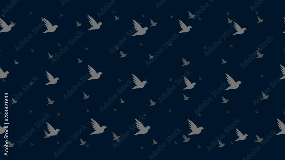 Poster bird symbols float horizontally from left to right. parallax fly effect. floating symbols are locate
