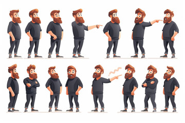 Happy bearded man character set. The guy points and shows something, poses and makes a choice, side view 3D avatars set vector icon, white background, black colour icon