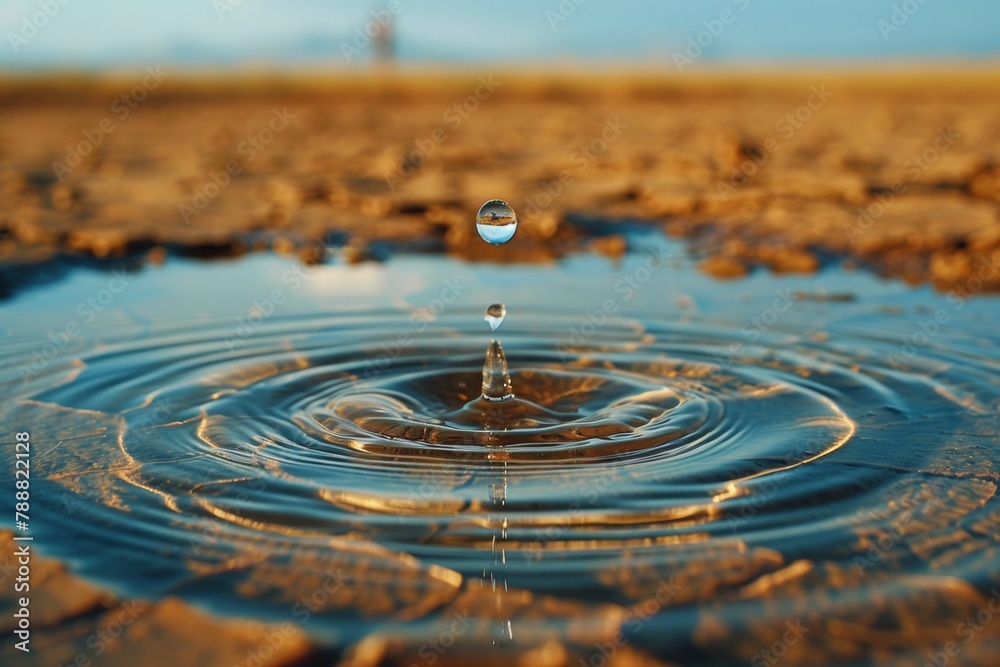 Canvas Prints A drop of water falls into a puddle on a dry, dusty ground. Water crisis concept