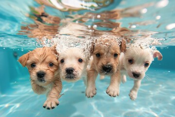 A group of four puppies are swimming in a pool. Summer heat concept, background
