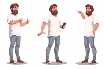 Happy bearded man character set dressed in white t shirt and jeans. Smiling guy points with hand, holds a smartphone in hands, thinks vector icon, white background, black colour icon