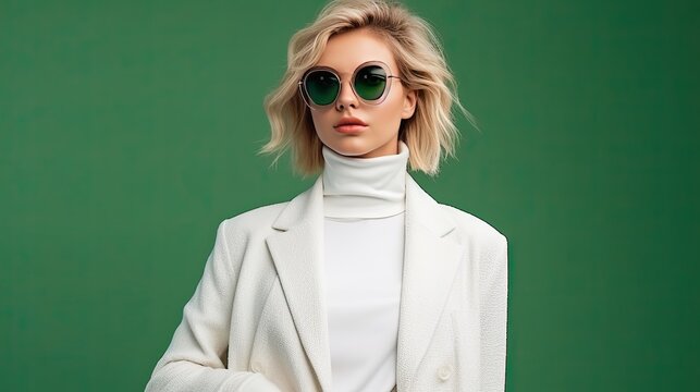 A beautiful young woman with short blonde hair and green eyes is wearing a white turtleneck blouse and a white blazer.