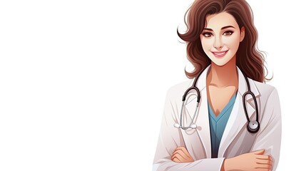 A beautiful female doctor with long brown hair is wearing a white lab coat and stethoscope around her neck.