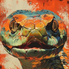Snake illustration poster, snake print. Portrait of a dangerous poisonous snake. Orange snake art bright colors drawing. Year of the snake 2025. Dangerous animals reptiles.
