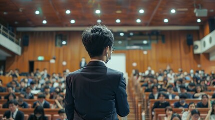 Obraz premium man giving a lecture in a conference room in front of people with a microphone and good lighting