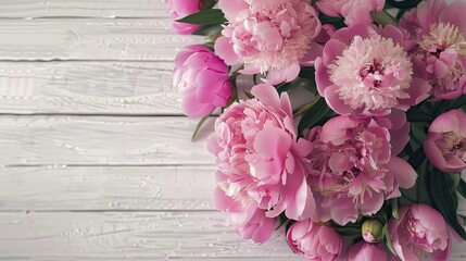 A close up shot of a stunning bouquet of pink peonies perfect for Mother s Day set against a light white wooden background Ideal for weddings special events and other festive occasions Pres