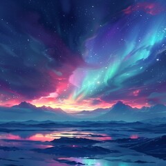 Fototapeta premium 静かな山の湖に広がるカラフルなオーロラの夢景色テクスチャ背景