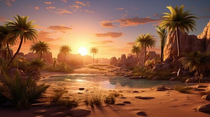 This is a beautiful landscape of a desert oasis. The sun is setting over the sand dunes, and the palm trees are silhouetted against the sky.