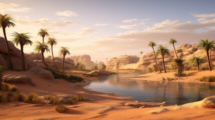 This is a beautiful landscape of a desert oasis. The oasis is surrounded by palm trees and has a crystal clear pool of water.