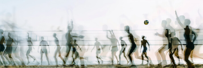 Obraz premium a long exposure photograph of multiple people beach volleyball players, motion blur