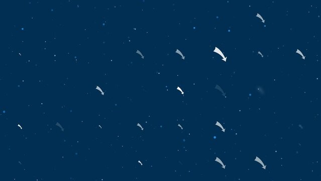 Template animation of evenly spaced down arrows of different sizes and opacity. Animation of transparency and size. Seamless looped 4k animation on dark blue background with stars