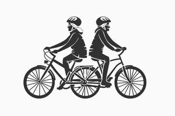 Fototapeta na wymiar Happy elderly couple ride bicycle. Seniors on an active holiday. Grandparents in helmets ride sports bikes outside vector icon, white background, black colour icon