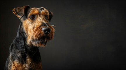 A studio portrait of a pedigree Airedale Terrier. Room for copy