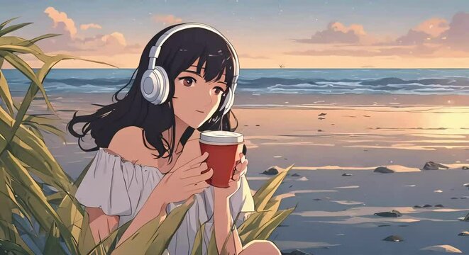 Anime Girl with Headphones Enjoying Coffee at the Beach: Lo-fi Music Illustration Animation Loop Background for Chilled Vibes.
