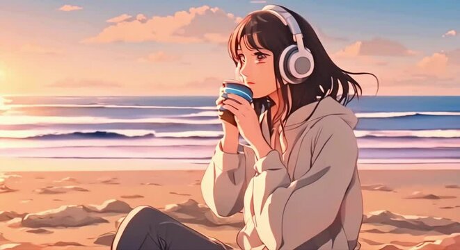Anime Girl with Headphones Enjoying Coffee at the Beach: Lo-fi Music Illustration Animation Loop Background for Chilled Vibes.
