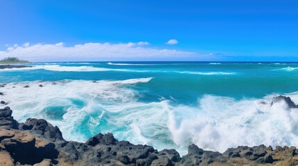 Fototapeta premium Beautiful seascape with large waves crashing on a rocky coast. The water is a deep blue color and the sky is bright blue with a few white clouds.