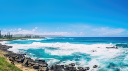 Beautiful seascape with blue ocean waves crashing on rocky shore. Clear blue sky with sparse white clouds.