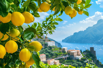 Bright ripe lemons on the tree on the background of the Mediterranean city, sea coast surrounded by green mountains
