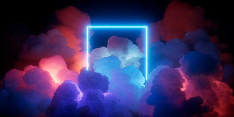 3d render, fantastic sky and neon square frame. Futuristic background - 788823574