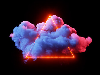 3d render, glowing neon linear triangle inside the abstract blue cloud illuminated with red light, isolated on black background - 788823579