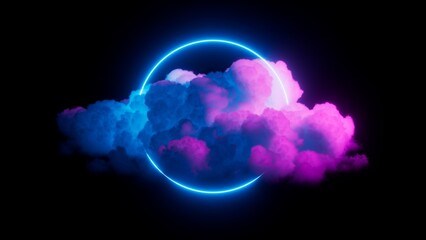 3d render. Neon round linear frame glows inside the colorful cloud, isolated on black background. Fantastic halo concept wallpaper