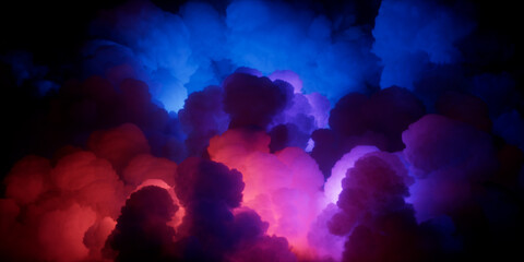3d render. Abstract ambient background of mystic sky. Dark clouds illuminated with bright pink blue neon light from inside. Colorful cumulus.