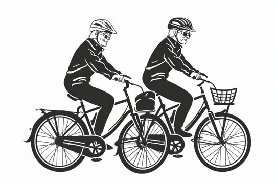 Happy elderly couple ride bicycle. Seniors on an active holiday. Grandparents in helmets ride sports bikes outside vector icon, white background, black colour icon