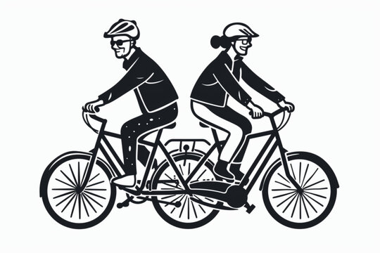 Happy elderly couple ride bicycle. Seniors on an active holiday. Grandparents in helmets ride sports bikes outside vector icon, white background, black colour icon