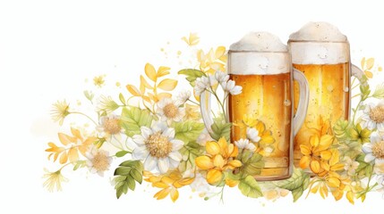 watercolor illustration of two glasses of beer with white foam, yellow and white flowers, and green leaves on a white background