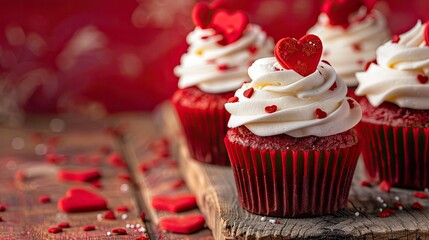 Valentine s Day cupcakes adorned with sweet sugar hearts are displayed on a rustic wooden table set against a vibrant red backdrop - obrazy, fototapety, plakaty