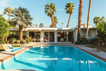 Fototapeta na wymiar nostalgic retro house with a sparkling pool and lush palm trees vintage summer vibes
