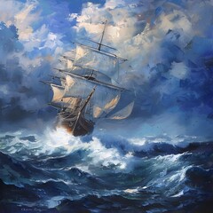 colorful illustration of Dangerous Adventure, Clipper Ship Sailing Through Stormy Seas