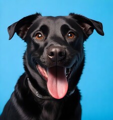 A smiling tan dog with its tongue out against a solid background