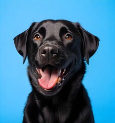 A smiling tan dog with its tongue out against a solid background