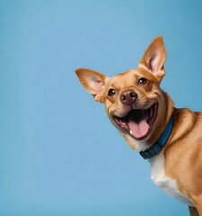 A smiling tan dog with its tongue out against a solid background