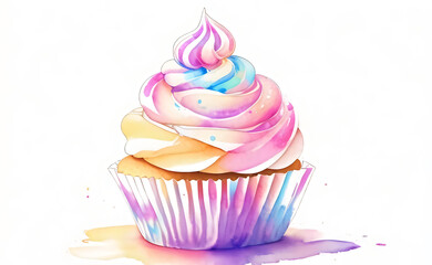 Watercolor Cupcake with Swirled Icing. Perfect for party invitations, bakery ads, and dessert menus.