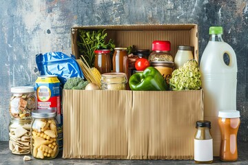 overflowing cardboard box with assorted grocery items for charity donation