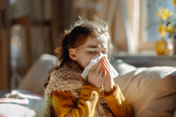 Sick Caucasian little girl sitting at couch, coughing while pressing tissue against nose
