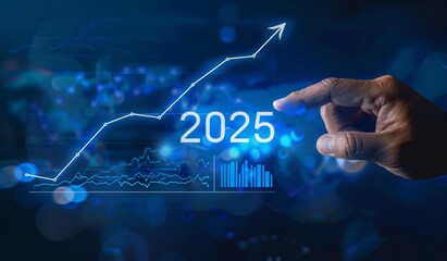 A man is pointing at a graph on a computer screen that says 2025. Concept of progress