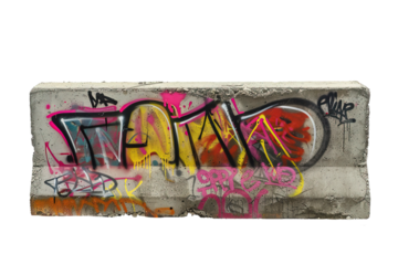 Piece of concrete full of colorful graffiti over white transparent background