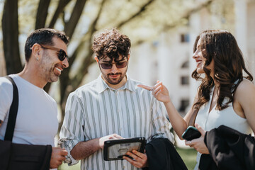 Three stylish professionals engage in a friendly and productive outdoor business meeting in a city on a sunny day, discussing company growth.