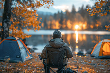 Relaxing time in the forest while camping. Back view of a man sitting on a camping chair looking at sunset by the lake