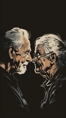 colorful illustration of Elderly Love, an old couple kissing