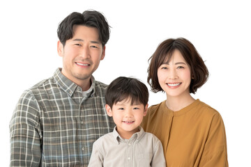 Fototapeta premium Mongolian family portrait of a couple with their little son smiling at camera. Isolated over white transparent background