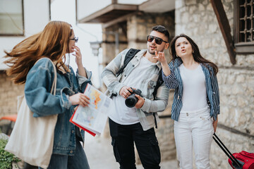 Group of young tourists with a map and camera hanging out in a city during a sunny day trip.