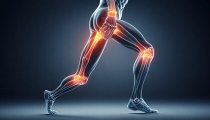 2D Illustration of a running man with painful knee joint highlighted, kneecap, 3D rendering. Problem of joint diseases, medical topics. Painful joints created with generative ai	