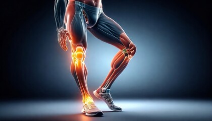 2D Illustration of a running man with painful knee joint highlighted, kneecap, 3D rendering. Problem of joint diseases, medical topics. Painful joints created with generative ai	