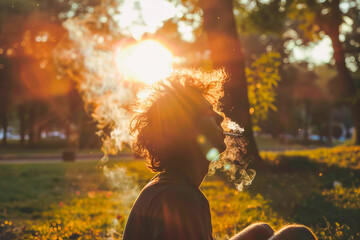 Silhouette of young man enjoying golden hour at the park while smoking weed for relax