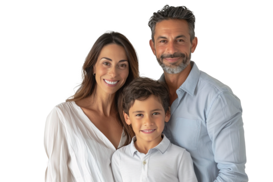 Caucasian European family with couple posing with their son posing over isolated transparent background